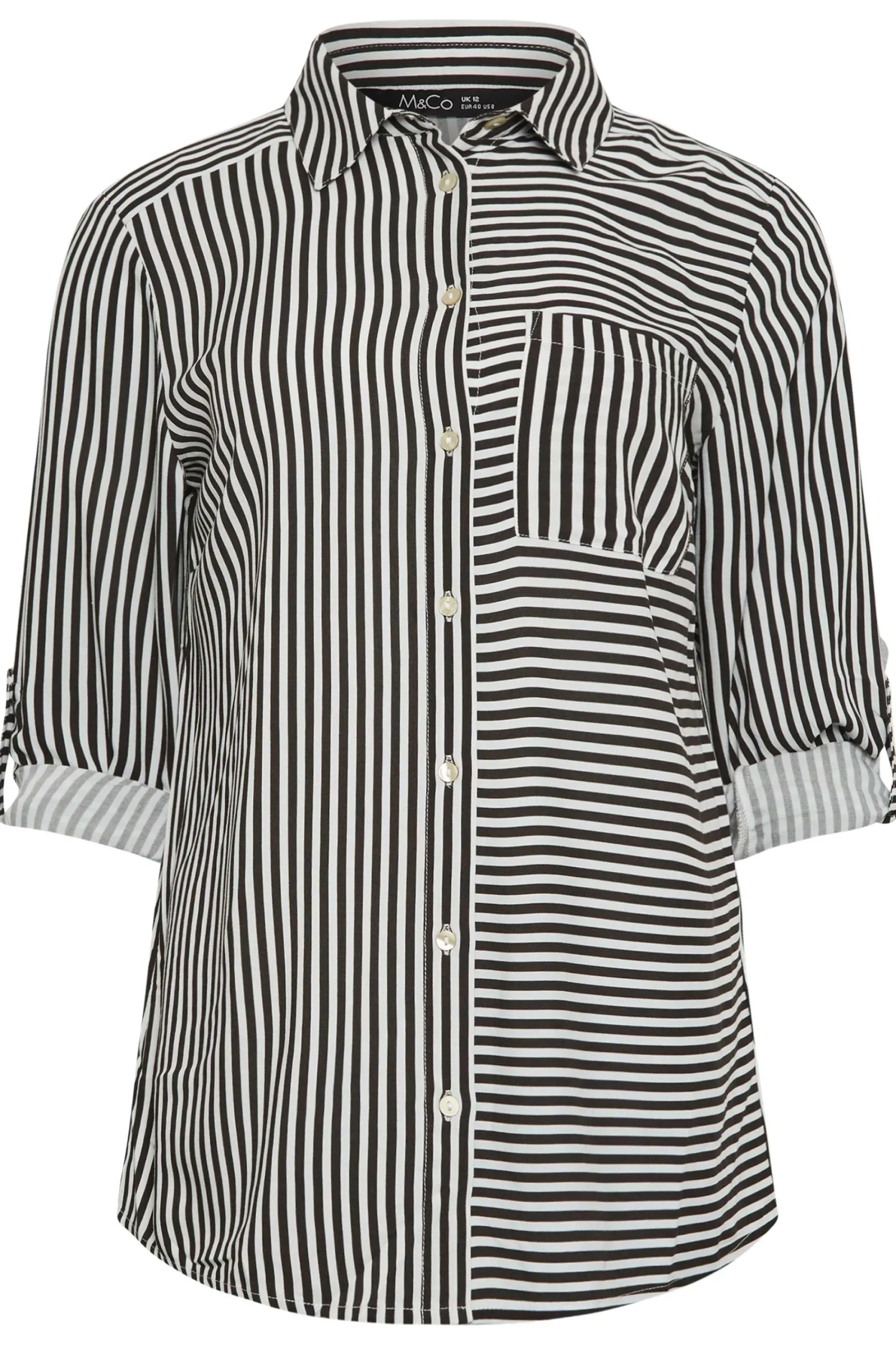 M&Co Womens Black & White Stripe Tab Sleeve Shirt>Women Shirts