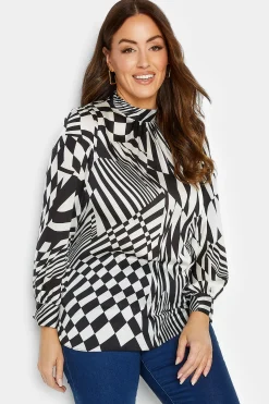 M&Co Womens Black & White Abstract Print High Neck Satin Blouse>Women Long Sleeve Tops