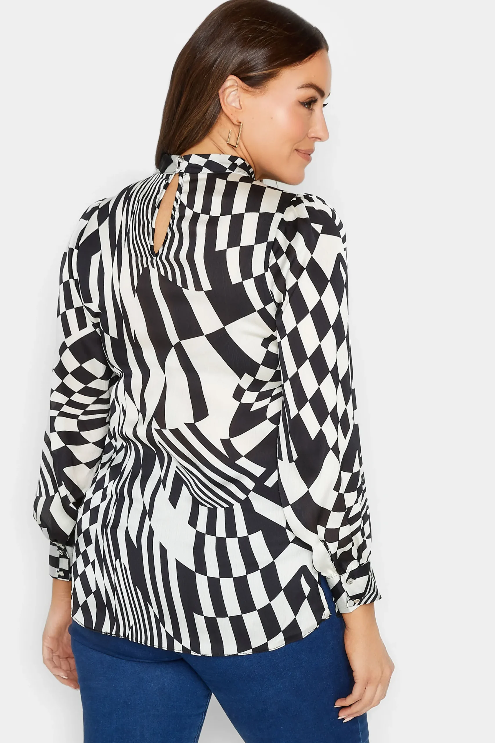 M&Co Womens Black & White Abstract Print High Neck Satin Blouse>Women Long Sleeve Tops
