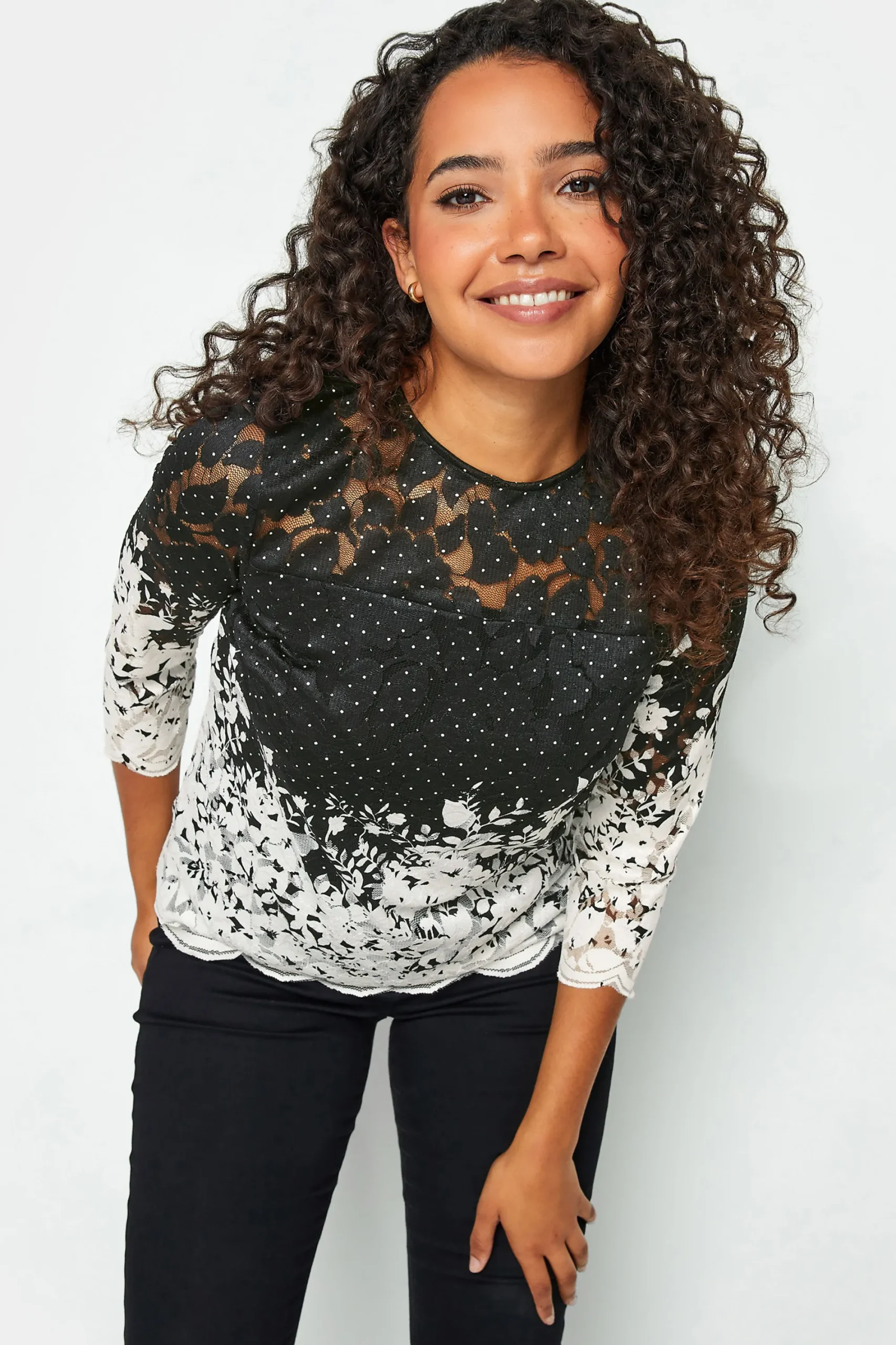 M&Co Womens Black & White Floral Lace Blouse>Women Blouses