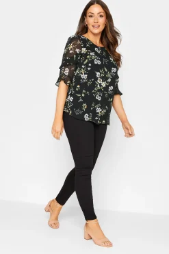 M&Co Womens Black & White Floral Double Frill Sleeve Blouse>Women Blouses