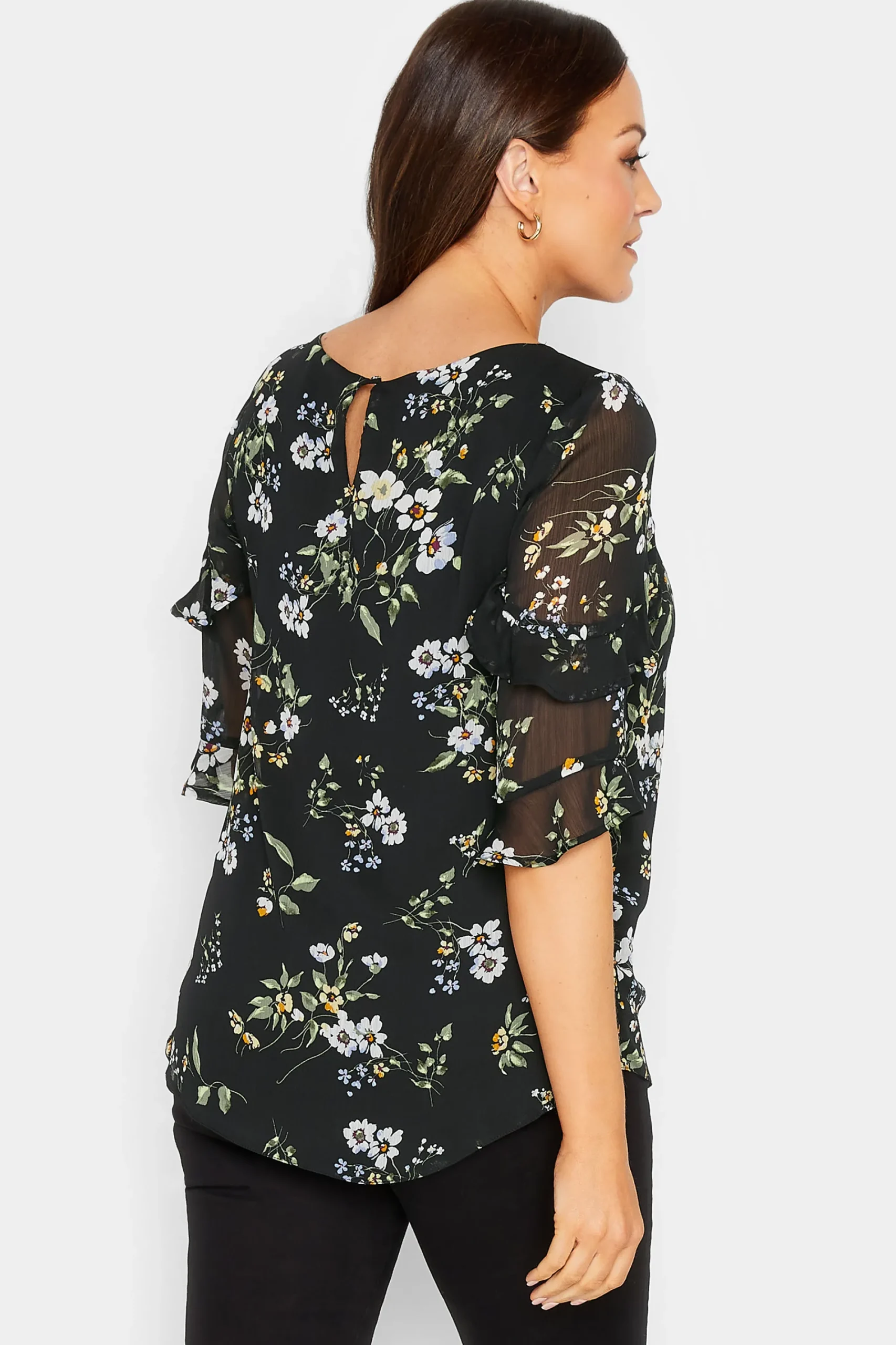 M&Co Womens Black & White Floral Double Frill Sleeve Blouse>Women Blouses