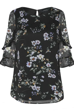 M&Co Womens Black & White Floral Double Frill Sleeve Blouse><noscript><img width=