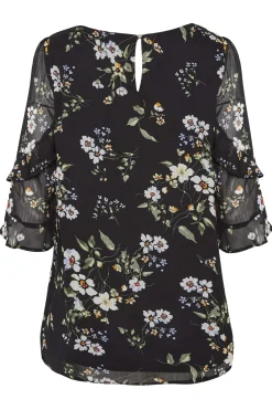 M&Co Womens Black & White Floral Double Frill Sleeve Blouse><noscript><img width=