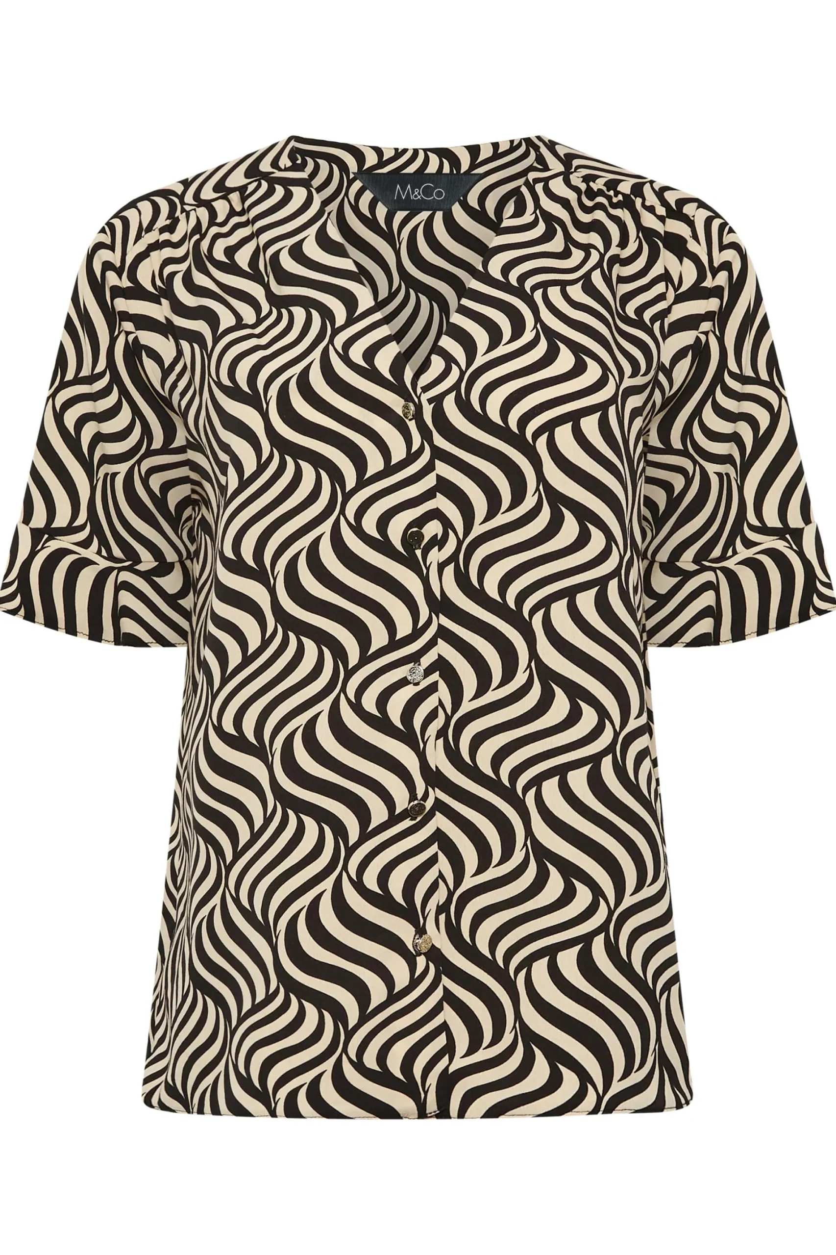 M&Co Womens Black & White Swirl Print Frill Sleeve Blouse>Women Short Sleeve Tops