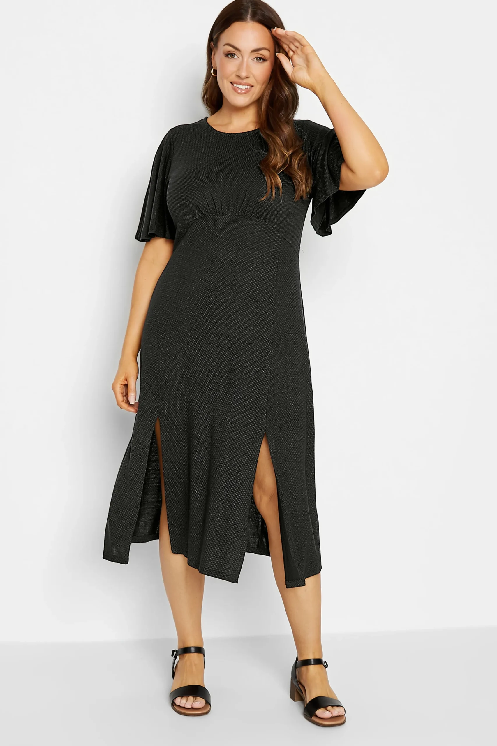 M&Co Womens Black Angel Sleeve Split Hem Midi Dress>Women Wedding Guest Dresses
