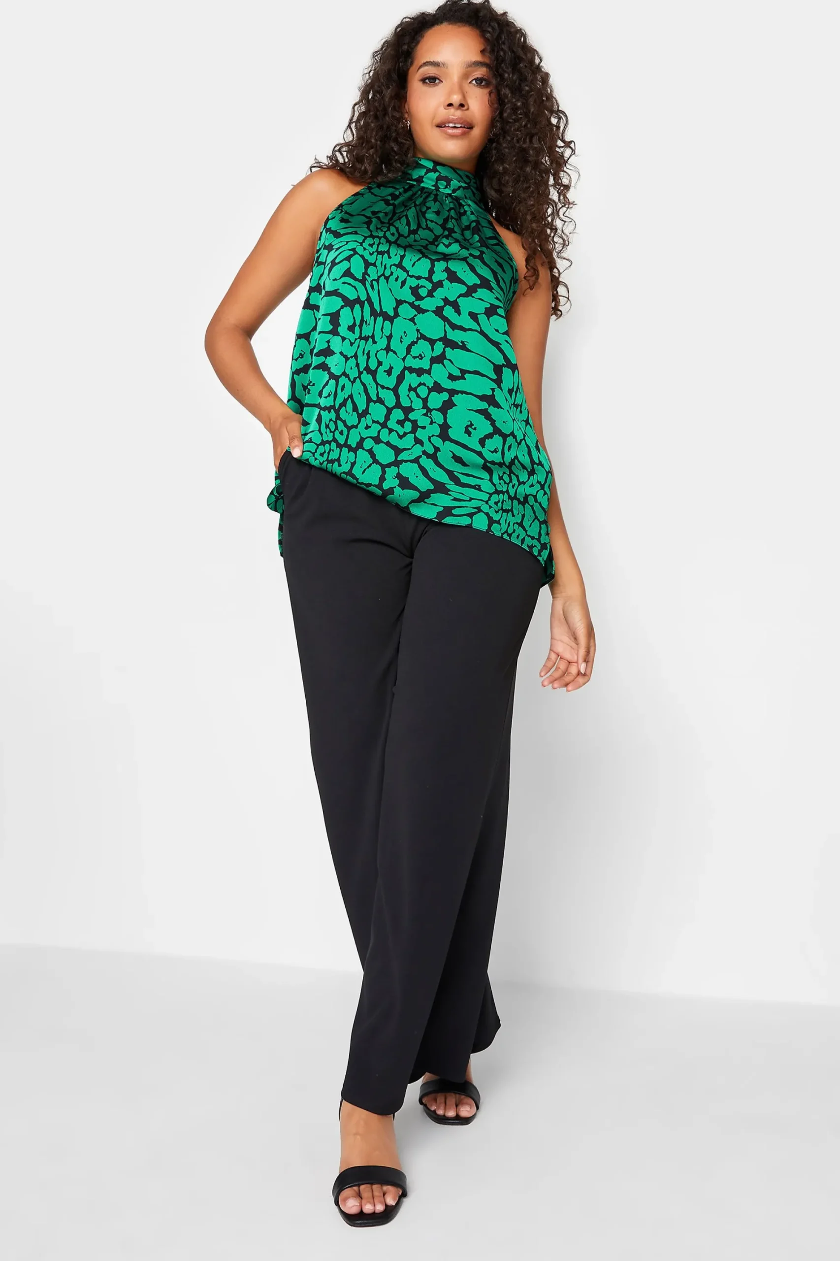 M&Co Womens Black Animal Print Halterneck Blouse>Women Short Sleeve Tops