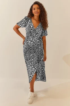 M&Co Womens Black Animal Print Wrap Dress>Women Midi Dresses