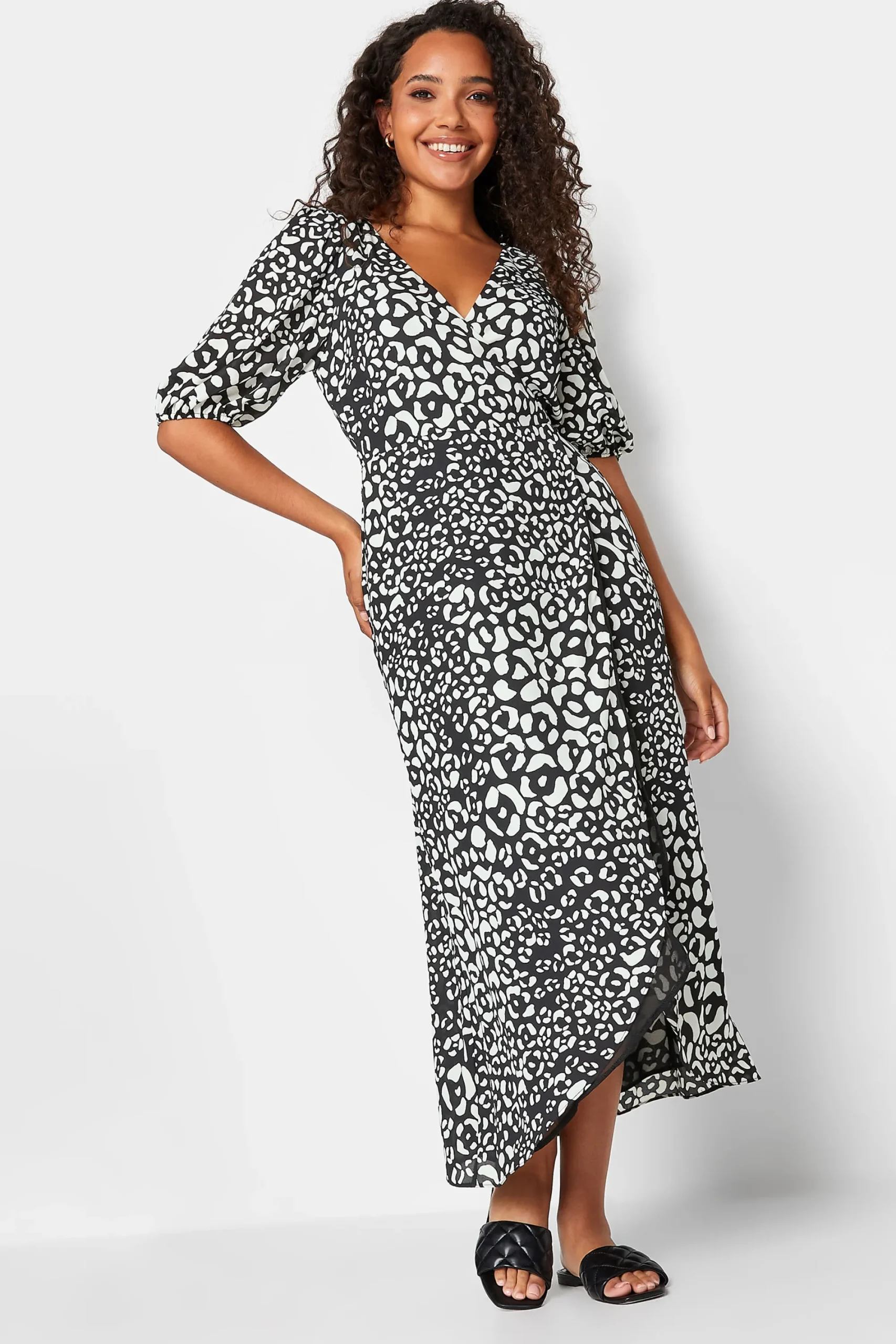 M&Co Womens Black Animal Print Wrap Dress>Women Midi Dresses