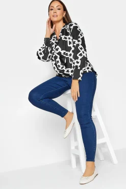 M&Co Womens Black Chain Print Cowl Neck Satin Blouse>Women Long Sleeve Tops