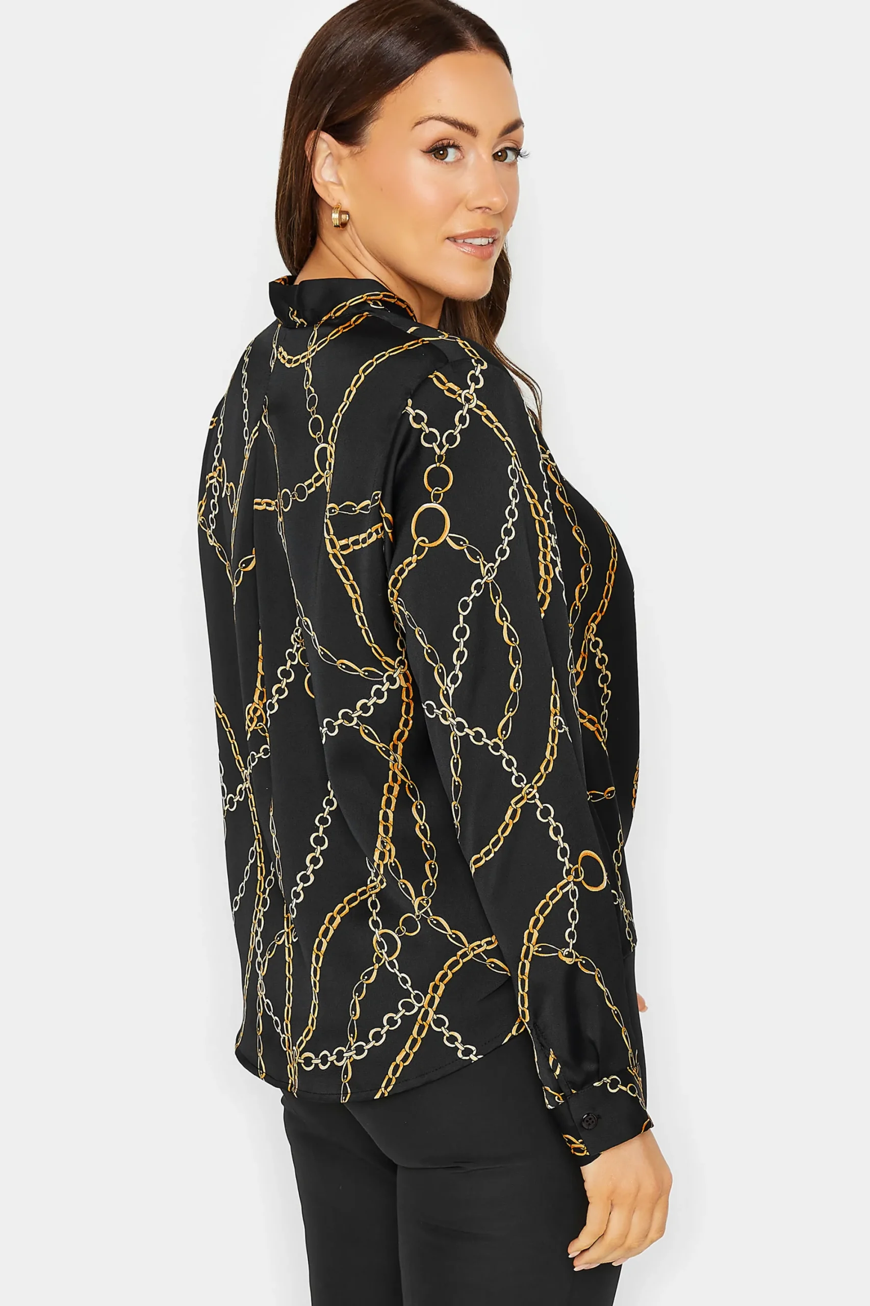 M&Co Womens Black Chain Print Wrap Front Blouse>Women Long Sleeve Tops