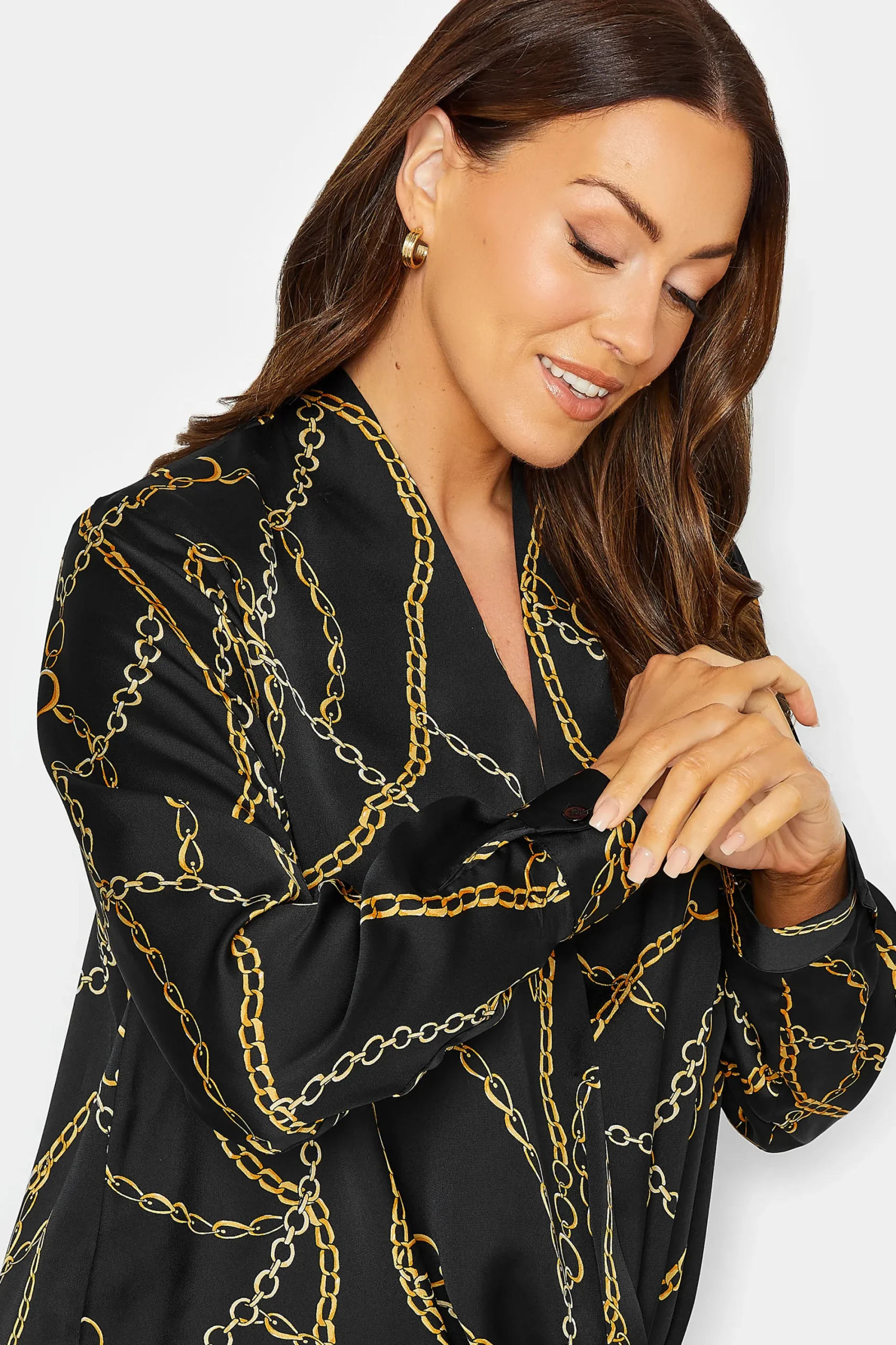 M&Co Womens Black Chain Print Wrap Front Blouse>Women Long Sleeve Tops