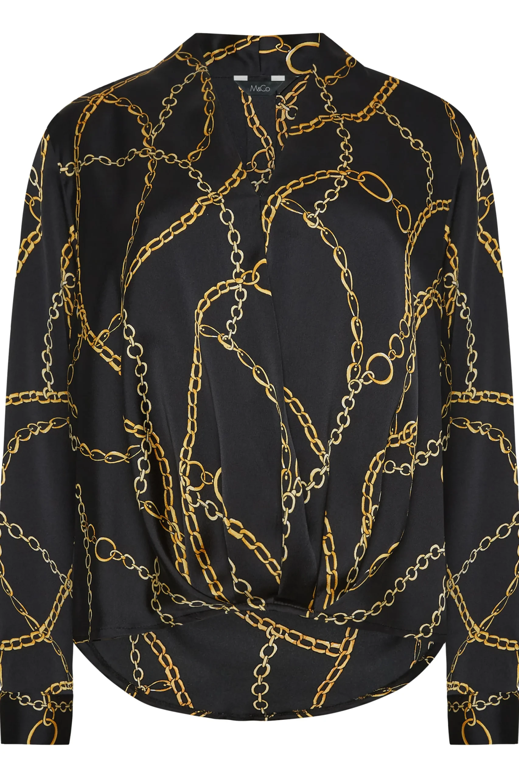 M&Co Womens Black Chain Print Wrap Front Blouse>Women Long Sleeve Tops
