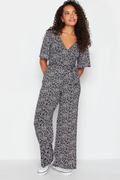 M&Co Womens Black Ditsy Print Wrap Wide Leg Jumpsuit>Women Maxi Dresses