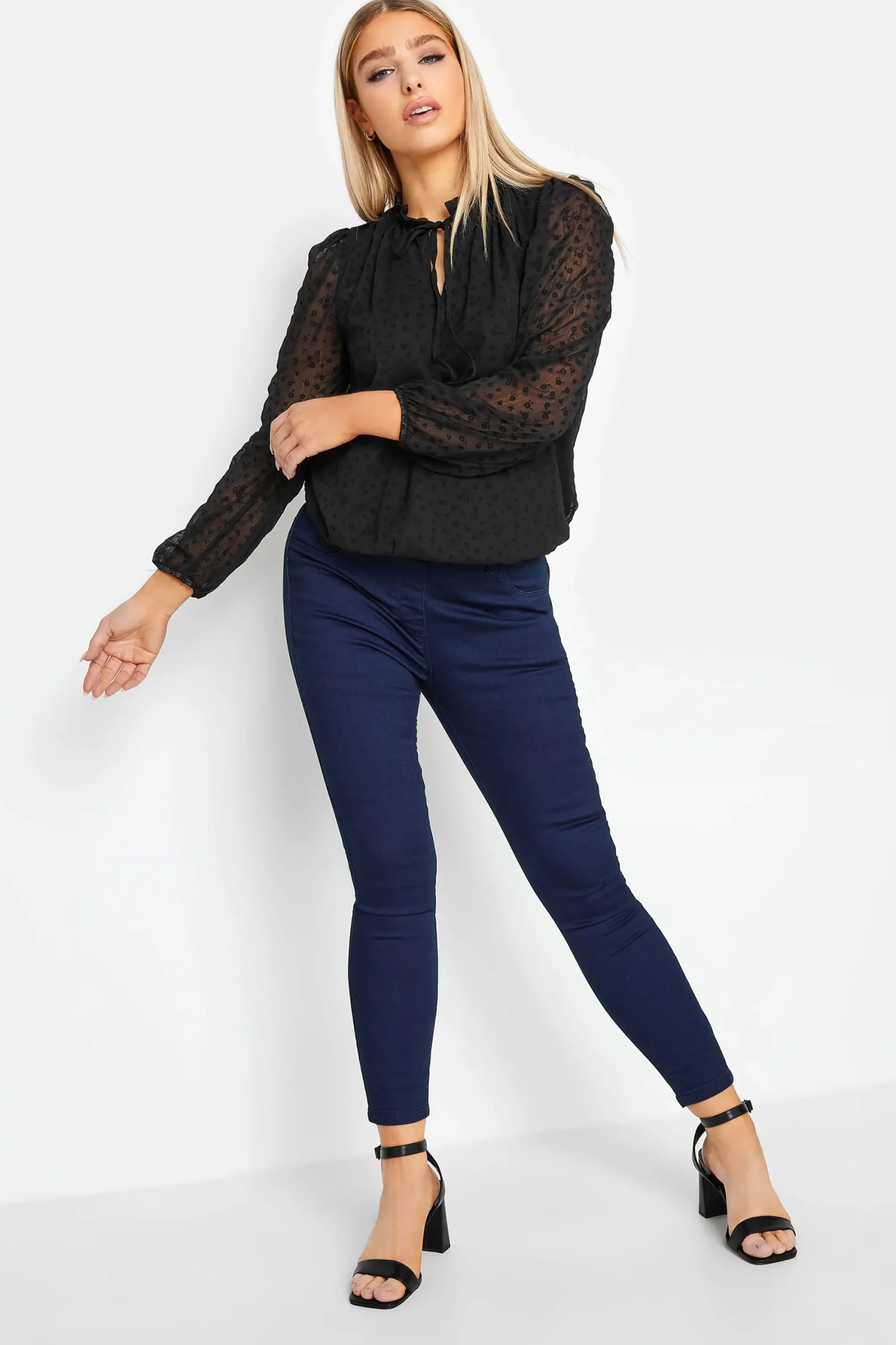 M&Co Womens Black Dobby Tie Neck Blouse>Women Long Sleeve Tops