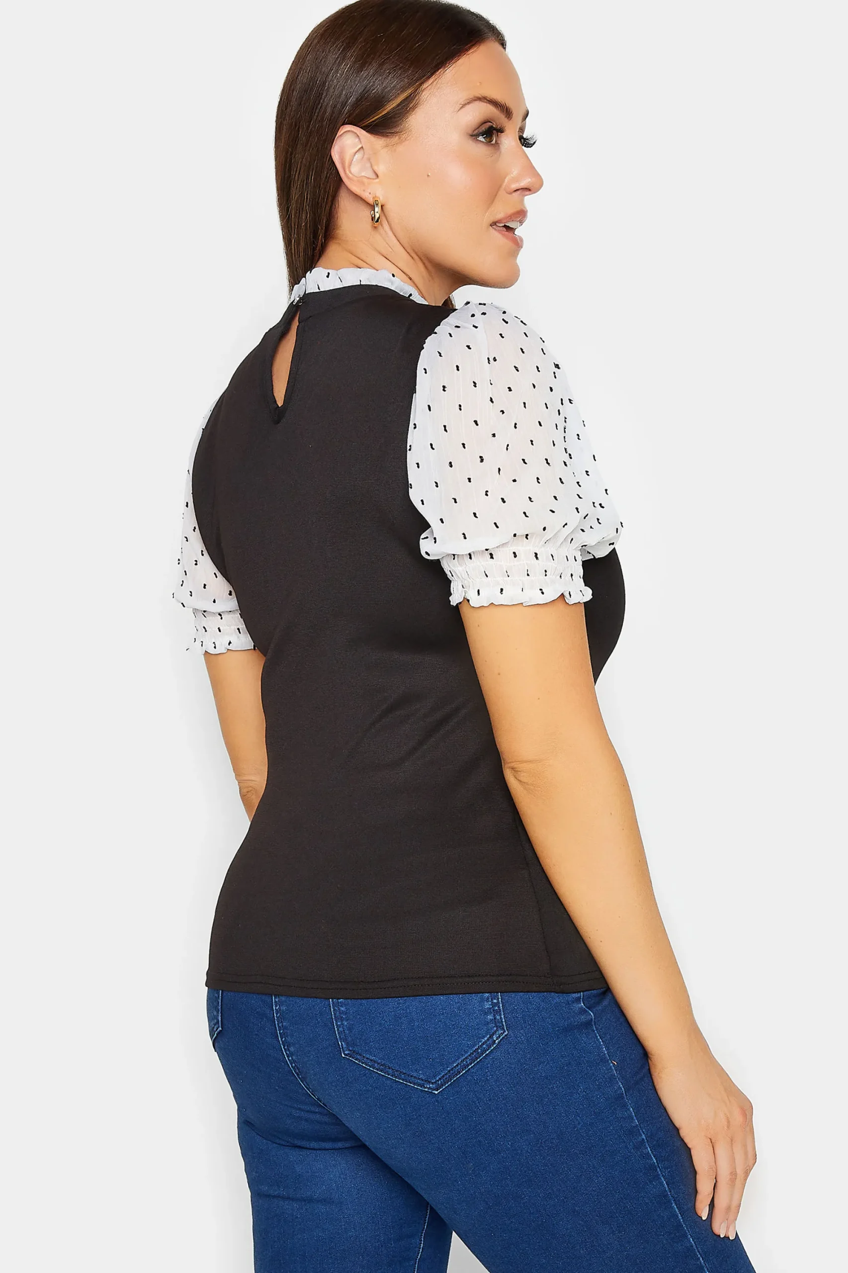M&Co Womens Black Dobby Sleeve Contrast Blouse>Women Short Sleeve Tops