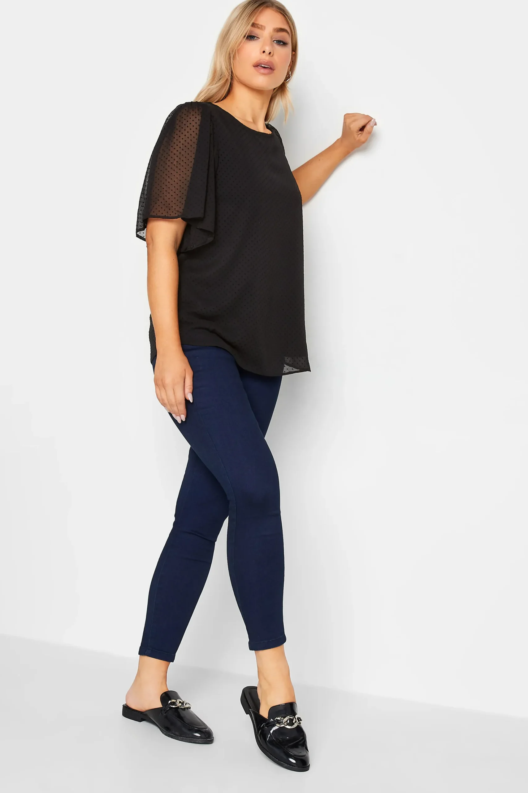 M&Co Womens Black Dobby Angel Sleeve Blouse>Women Short Sleeve Tops