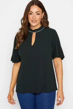 M&Co Womens Black Embellished Neck Keyhole Blouse>Women Short Sleeve Tops