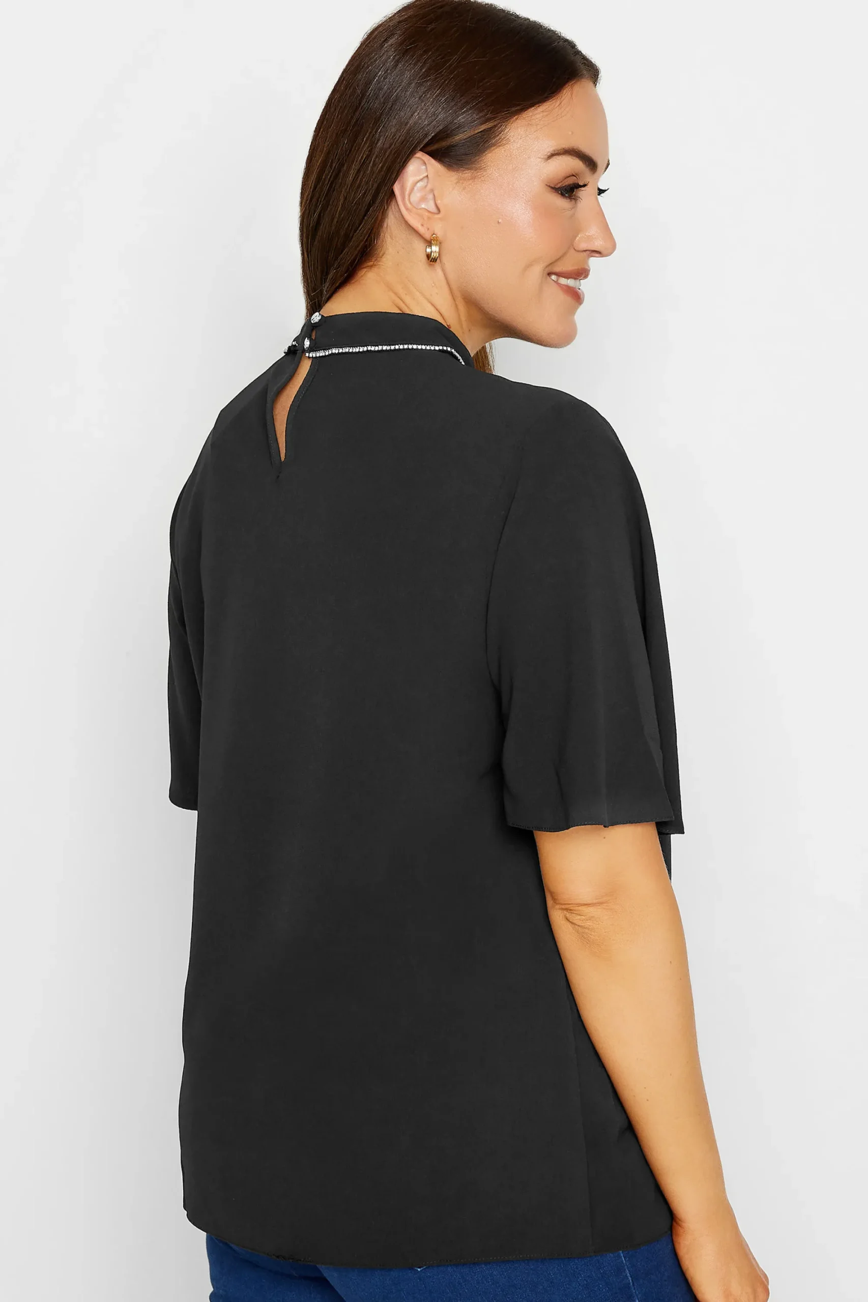 M&Co Womens Black Embellished Neck Keyhole Blouse>Women Short Sleeve Tops