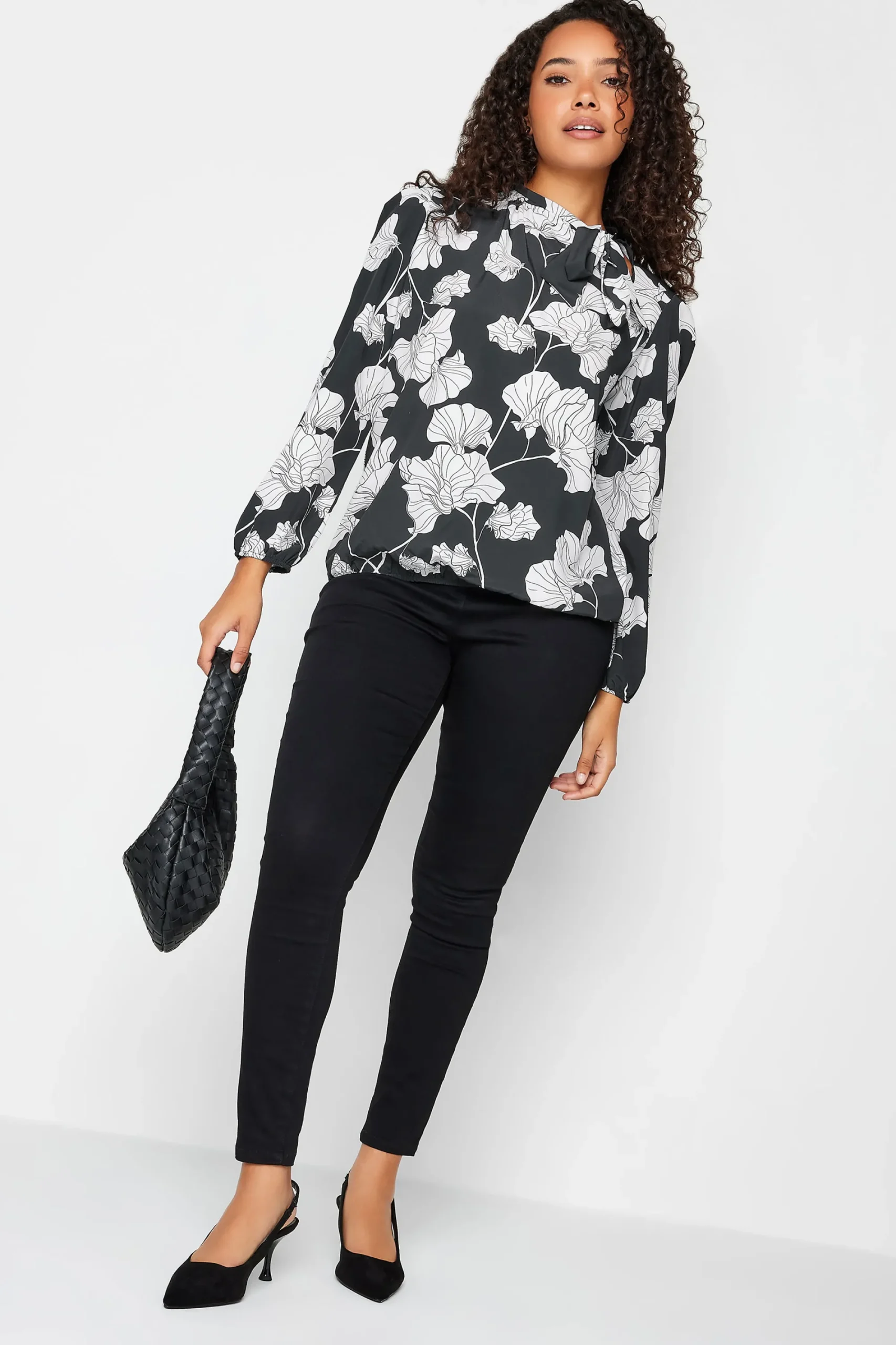 M&Co Womens Black Floral Print Tie Neck Bubble Hem Blouse>Women Blouses