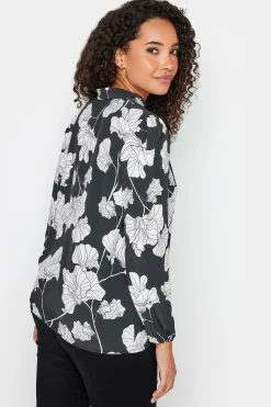 M&Co Womens Black Floral Print Tie Neck Bubble Hem Blouse><noscript><img width=