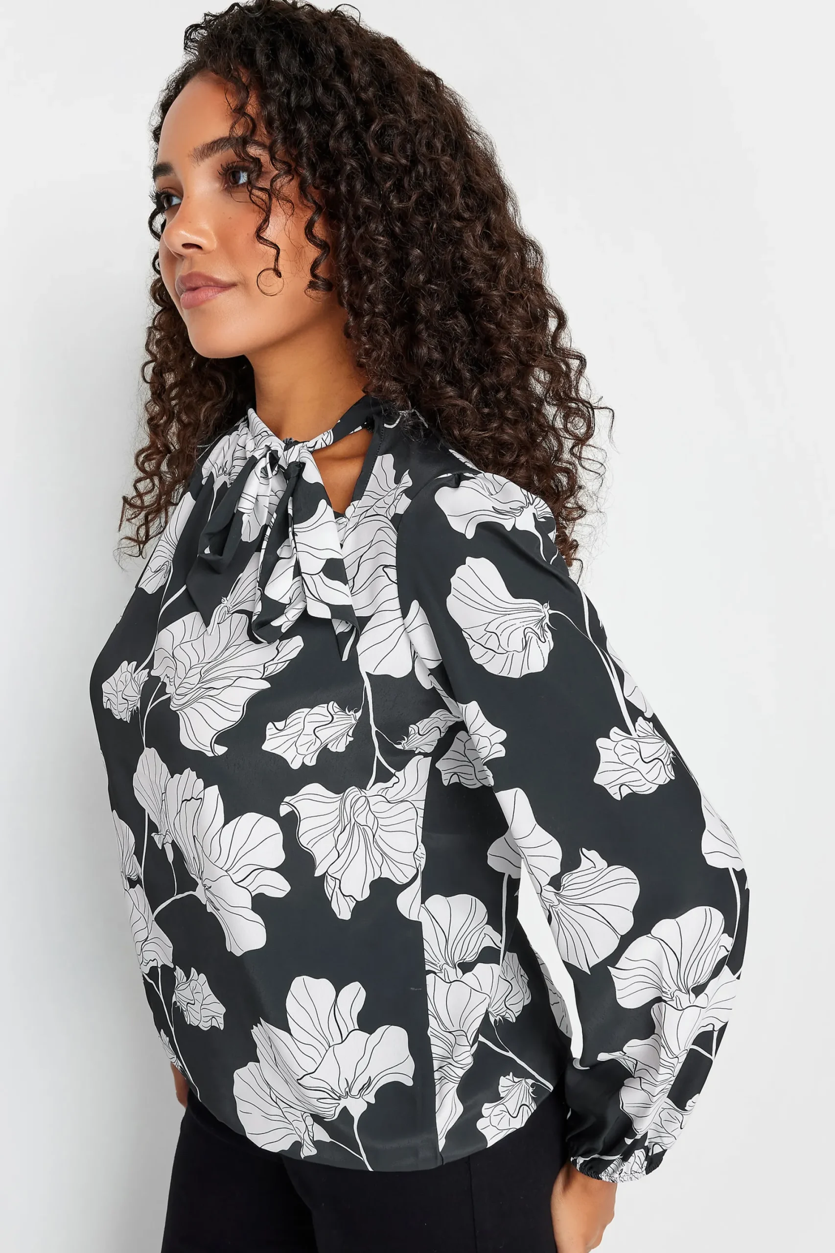 M&Co Womens Black Floral Print Tie Neck Bubble Hem Blouse>Women Blouses