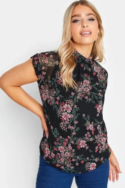 M&Co Womens Black Floral Print Blouse>Women Short Sleeve Tops