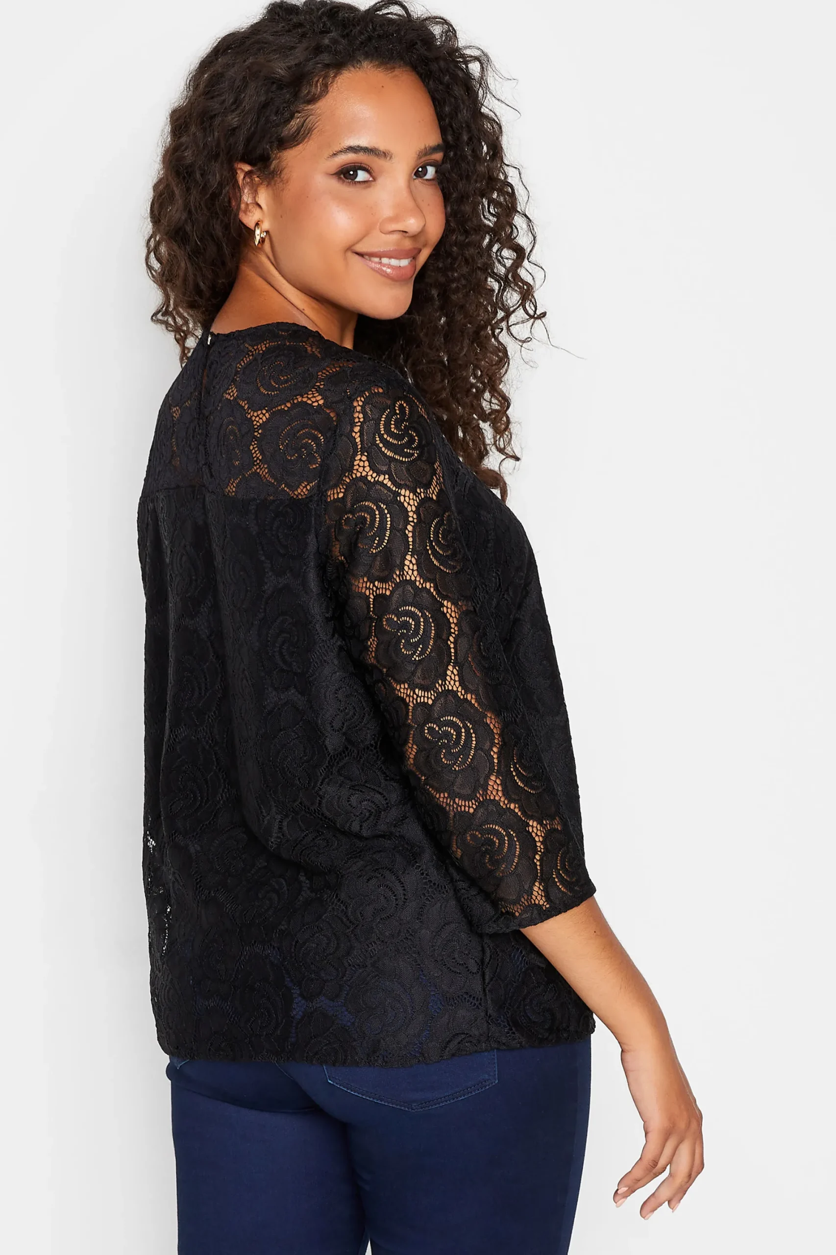 M&Co Womens Black Floral Lace Blouse>Women Blouses
