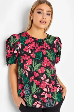 M&Co Womens Black Floral Print Puff Sleeve Blouse>Women Short Sleeve Tops