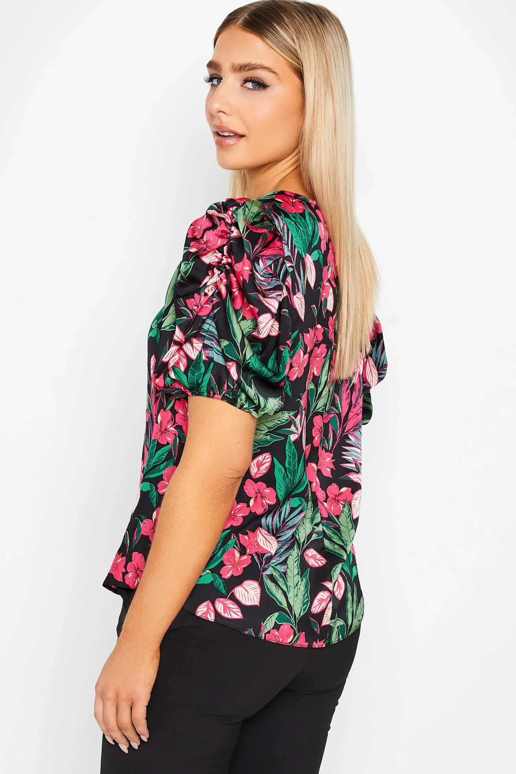 M&Co Womens Black Floral Print Puff Sleeve Blouse>Women Short Sleeve Tops