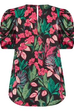 M&Co Womens Black Floral Print Puff Sleeve Blouse><noscript><img width=