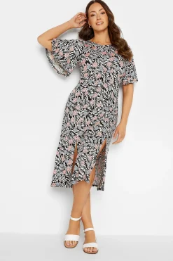 M&Co Womens Black Floral Print Angel Sleeve Split Hem Dress>Women Midi Dresses