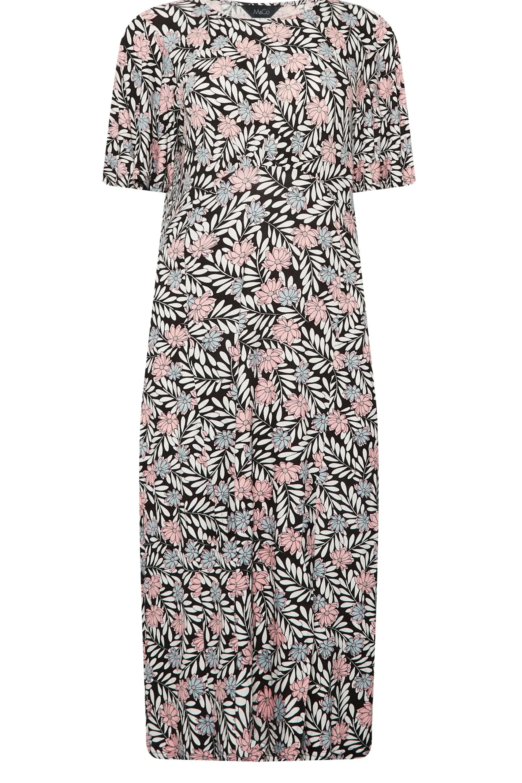 M&Co Womens Black Floral Print Angel Sleeve Split Hem Dress>Women Midi Dresses