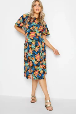 M&Co Womens Black Floral Print Angel Sleeve Split Hem Midi Dress>Women Midi Dresses