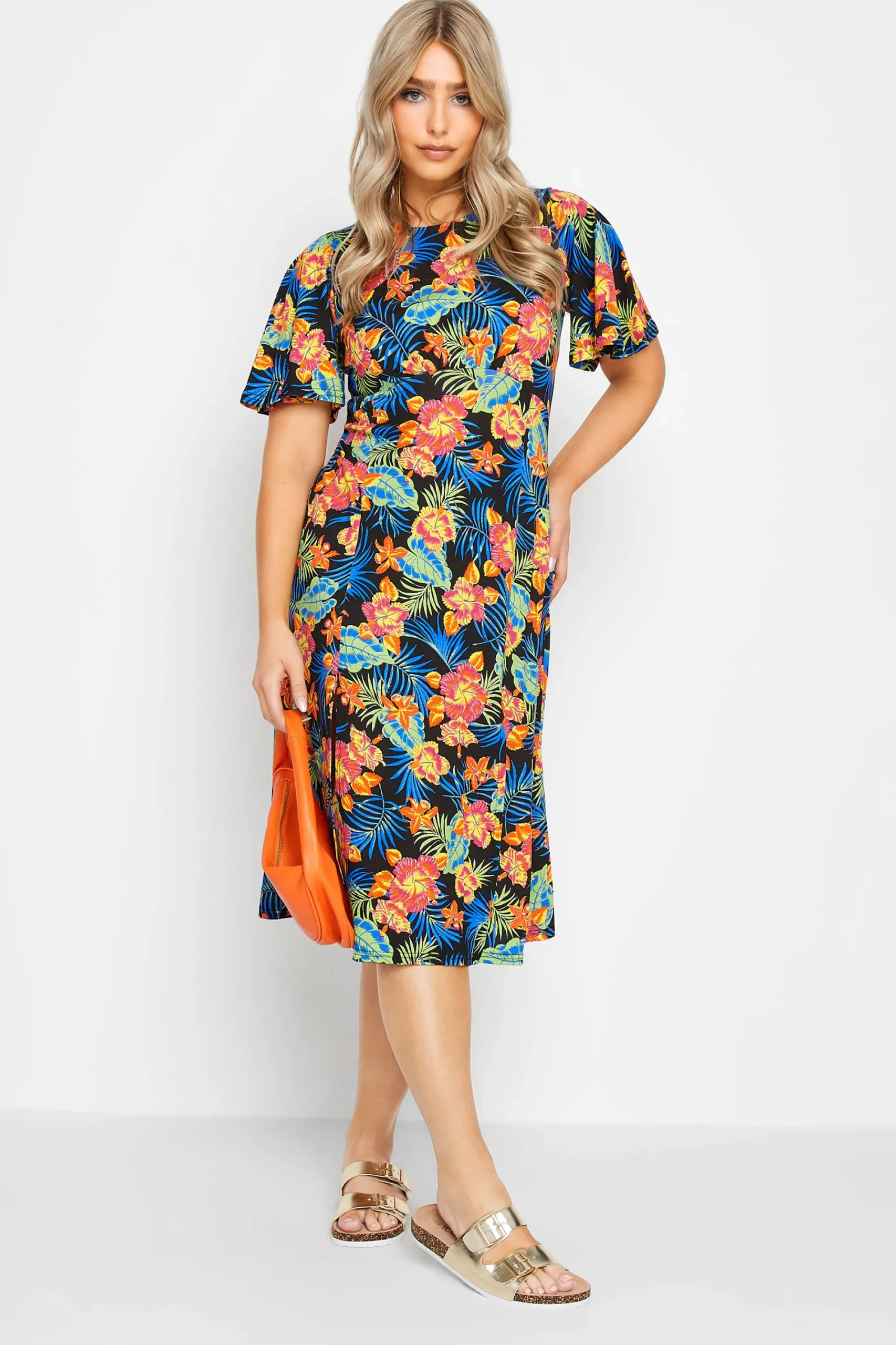 M&Co Womens Black Floral Print Angel Sleeve Split Hem Midi Dress>Women Midi Dresses