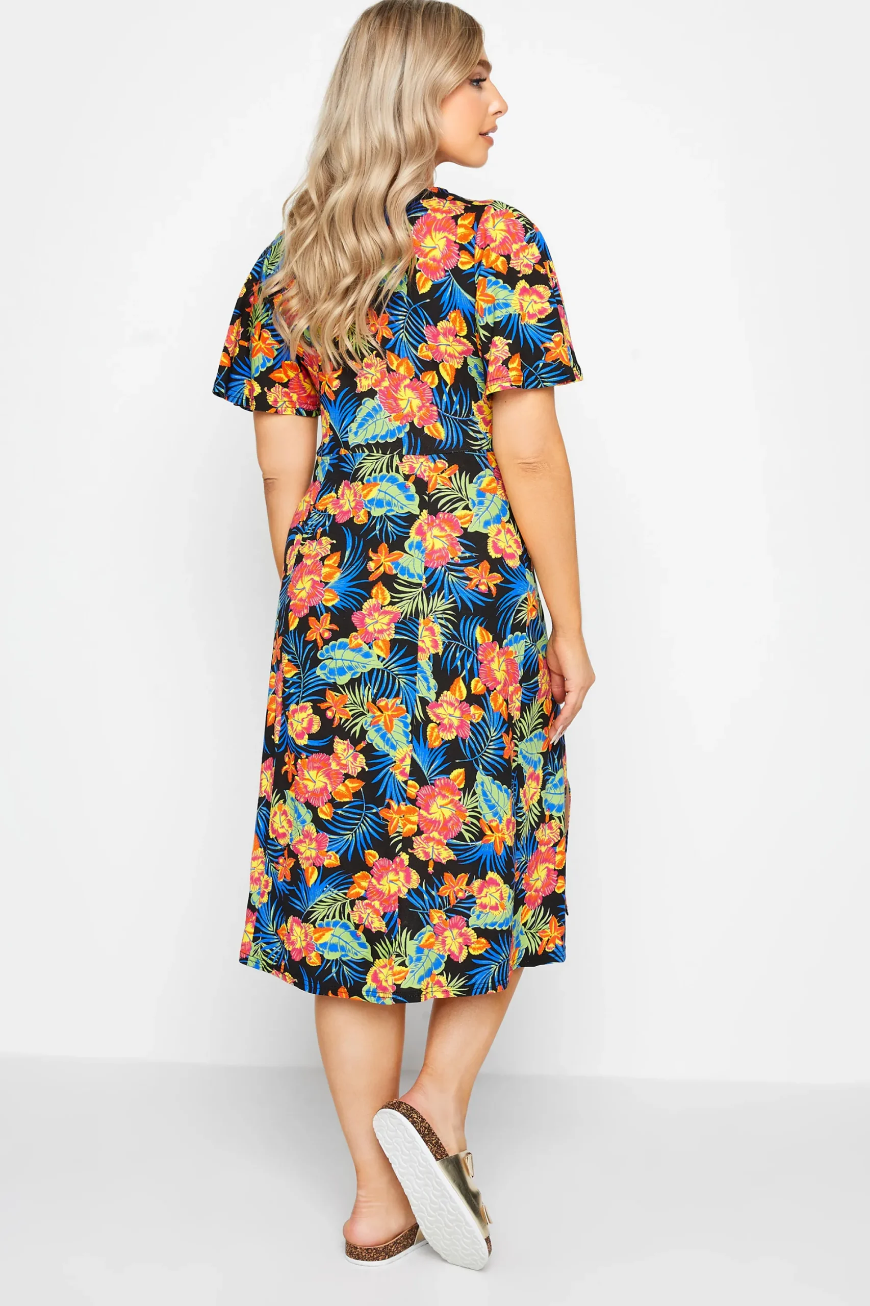M&Co Womens Black Floral Print Angel Sleeve Split Hem Midi Dress>Women Midi Dresses