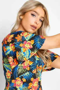 M&Co Womens Black Floral Print Angel Sleeve Split Hem Midi Dress><noscript><img width=
