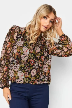 M&Co Womens Black Floral Print High Neck Blouse>Women Blouses