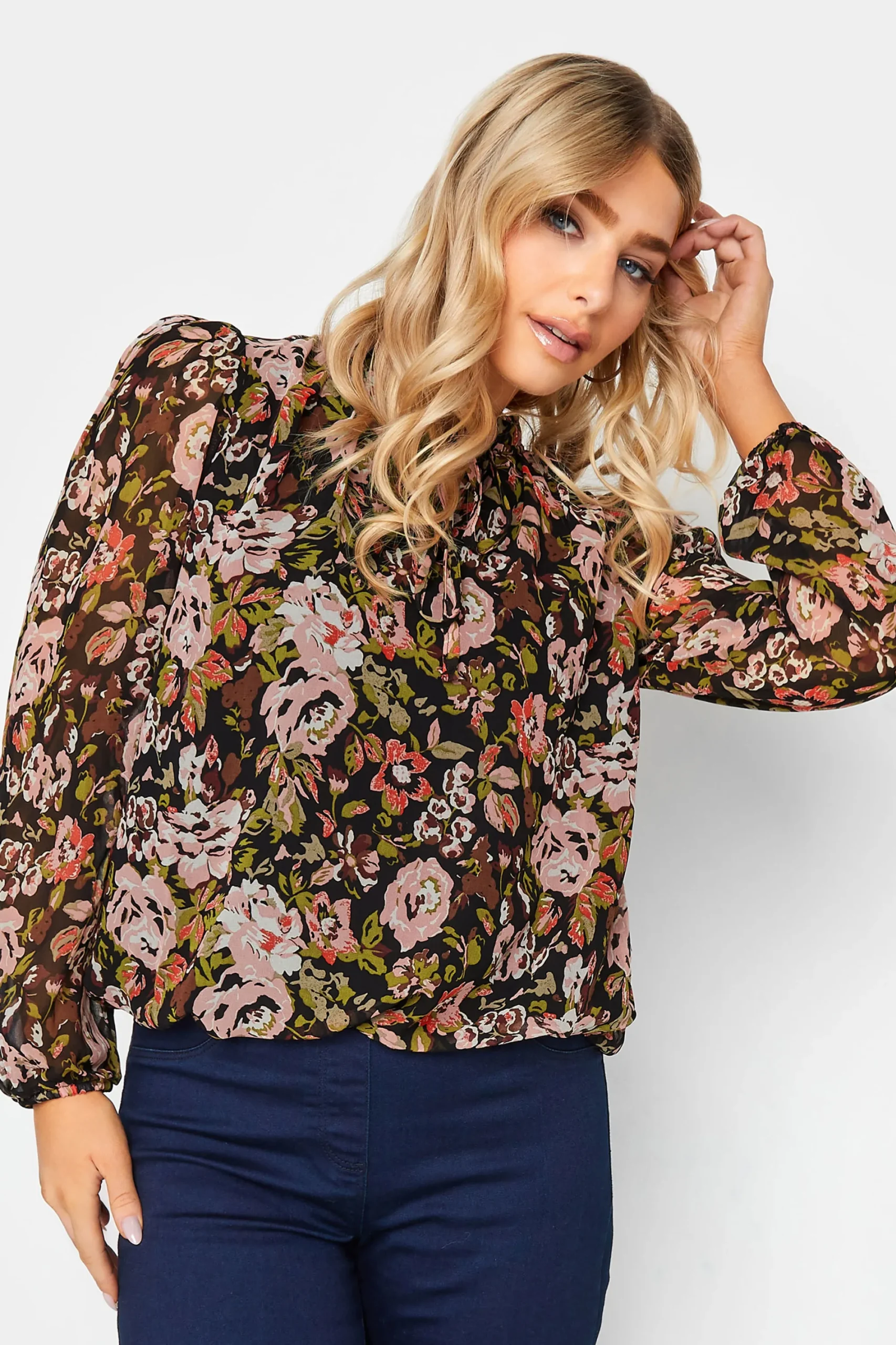 M&Co Womens Black Floral Print High Neck Blouse>Women Blouses