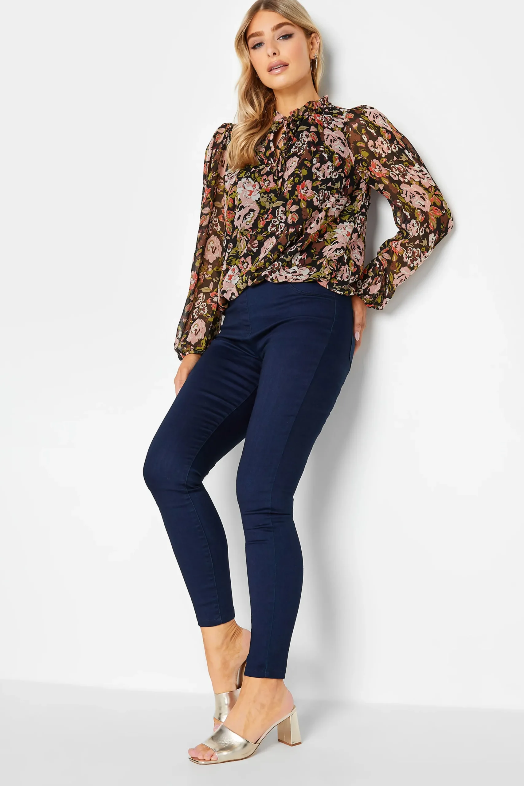 M&Co Womens Black Floral Print High Neck Blouse>Women Blouses