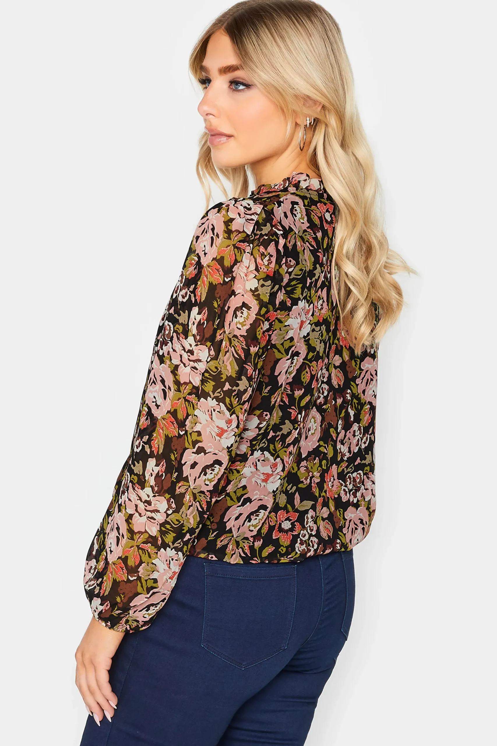 M&Co Womens Black Floral Print High Neck Blouse>Women Blouses