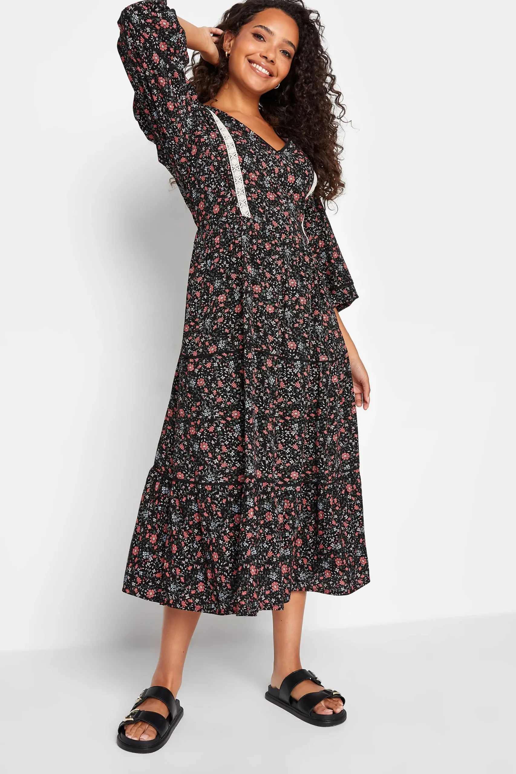 M&Co Womens Black Floral Print Crochet Trim Maxi Dress>Women Maxi Dresses