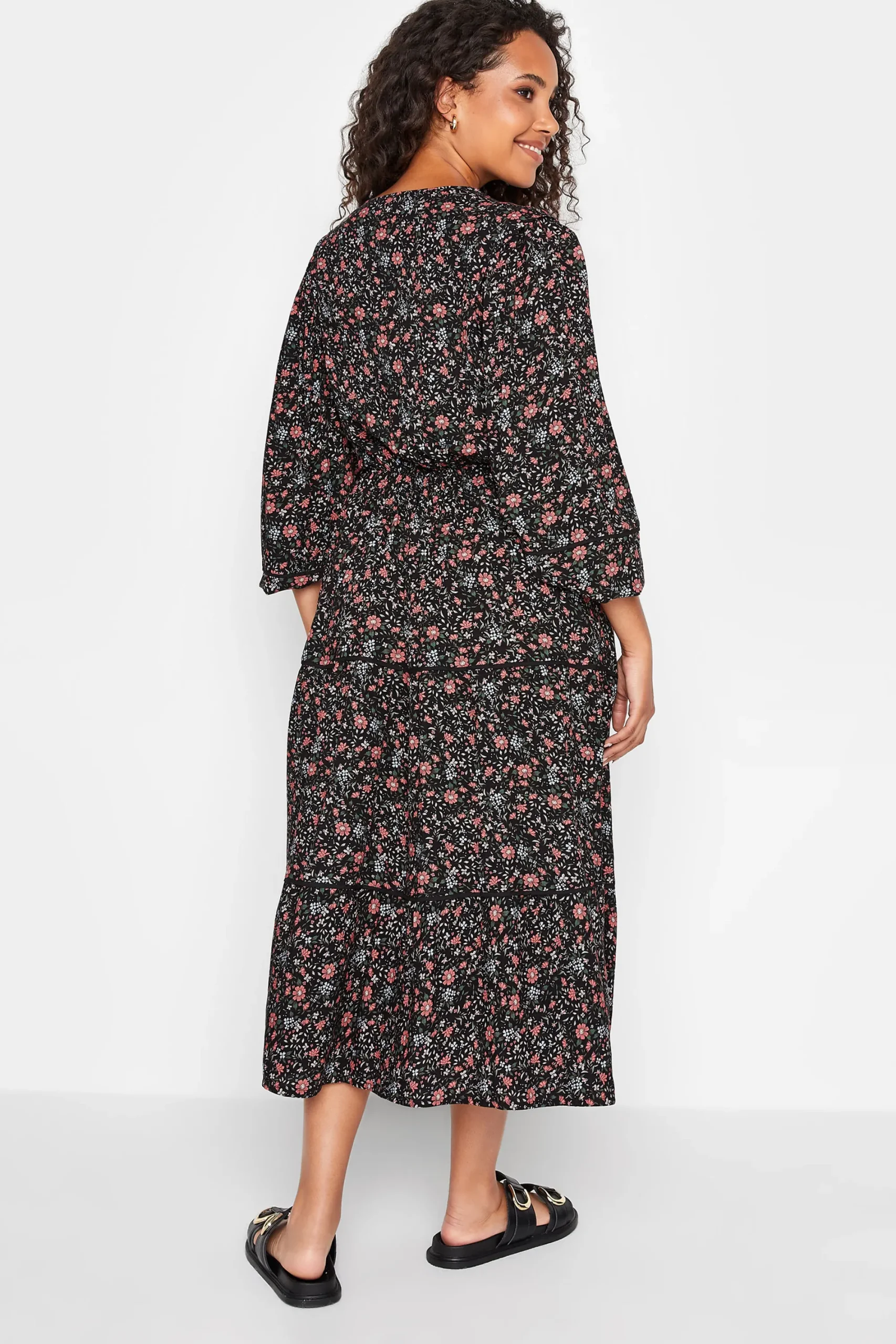 M&Co Womens Black Floral Print Crochet Trim Maxi Dress>Women Maxi Dresses