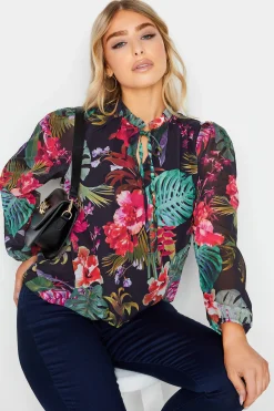 M&Co Womens Black Floral High Neck Blouse>Women Blouses