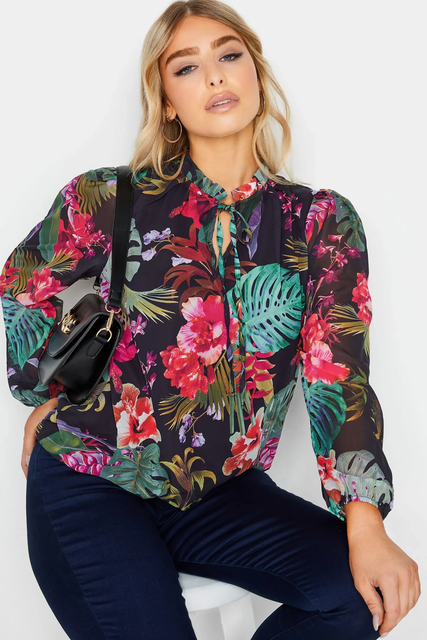 M&Co Womens Black Floral High Neck Blouse>Women Blouses