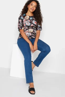 M&Co Womens Black Floral Tie Back Blouse>Women Short Sleeve Tops