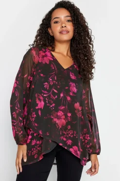M&Co Womens Black Floral Print Wrap Hem Blouse>Women Long Sleeve Tops