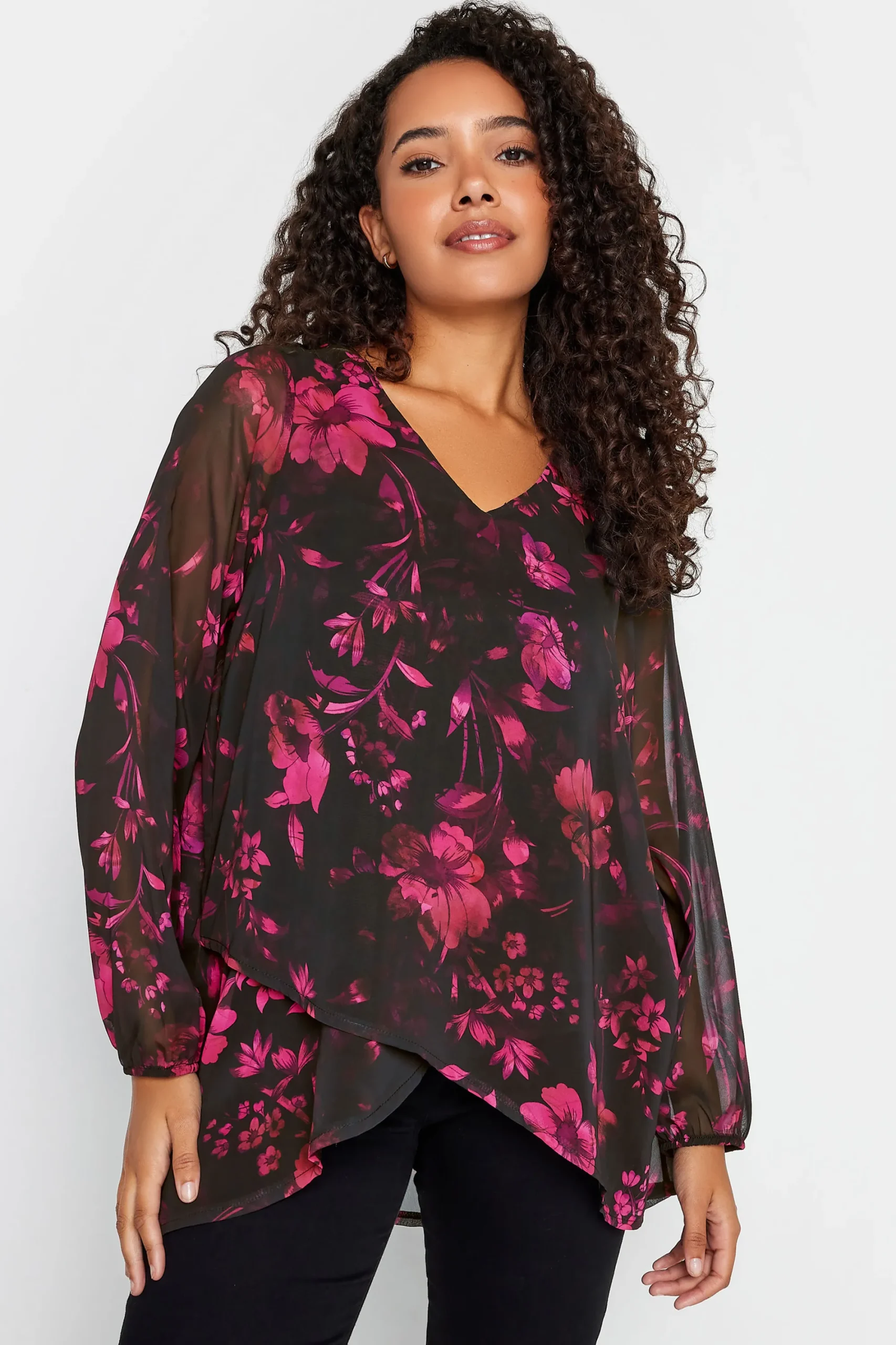 M&Co Womens Black Floral Print Wrap Hem Blouse>Women Long Sleeve Tops
