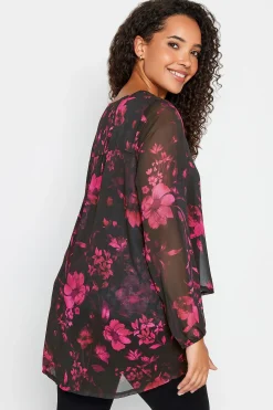 M&Co Womens Black Floral Print Wrap Hem Blouse><noscript><img width=