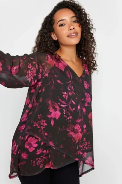M&Co Womens Black Floral Print Wrap Hem Blouse><noscript><img width=